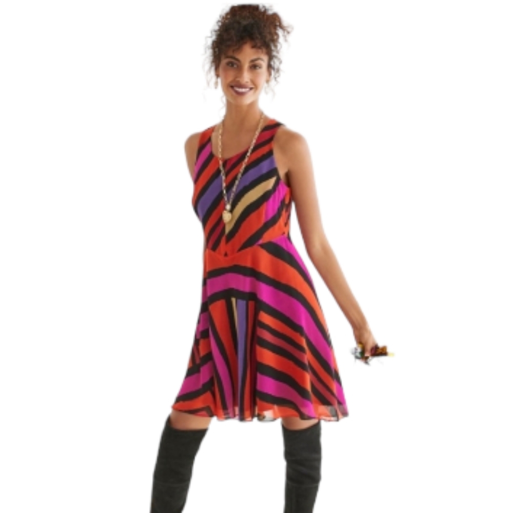 NWOT CAbi pink orange purple & black color block fete dress Womens Small - Picture 2 of 8